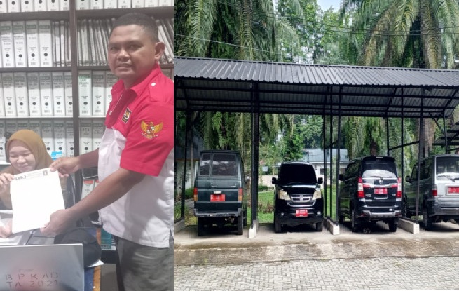 LIRA Sumut saat kembali surati ke kantor BPKAD Langkat (foto kiri), Aset Mobil Dinas milik Pemkab di Kantor BAPPEDA Langkat (foto kanan).