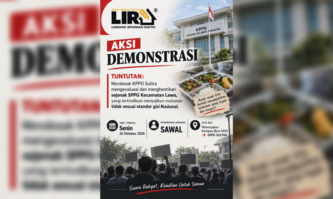 LIRA Kabupaten Muna Barat mendesak Koordinator Program Pemenuhan Gizi (KPPG) Sulawesi Tenggara segera mengevaluasi Satuan Pelayanan Pemenuhan Gizi (SPPG) Kecamatan Lawa